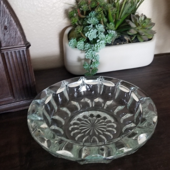 Other - Vintage Heavy Clear Press Cut Glass Ashtray 4 Slot Cigar Cigarette Ashtray 8"Dia